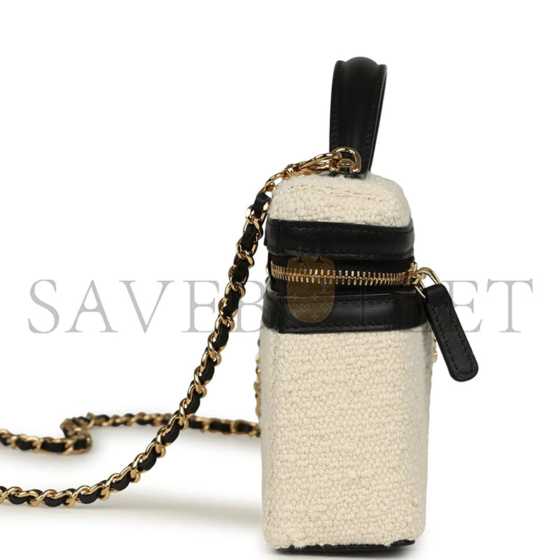 CHANEL COCO BEACH TOP HANDLE LONG VANITY CASE WITH CHAIN ECRU TWEED AND BLACK CALFSKIN GOLD HARDWARE (19*13*5cm) 